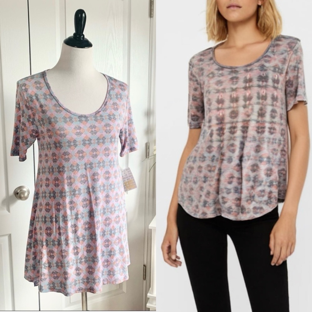 LuLaRoe Perfect T Shirt Top NWT XXS Gray Pink Geometric Swing Tunic Side Slit